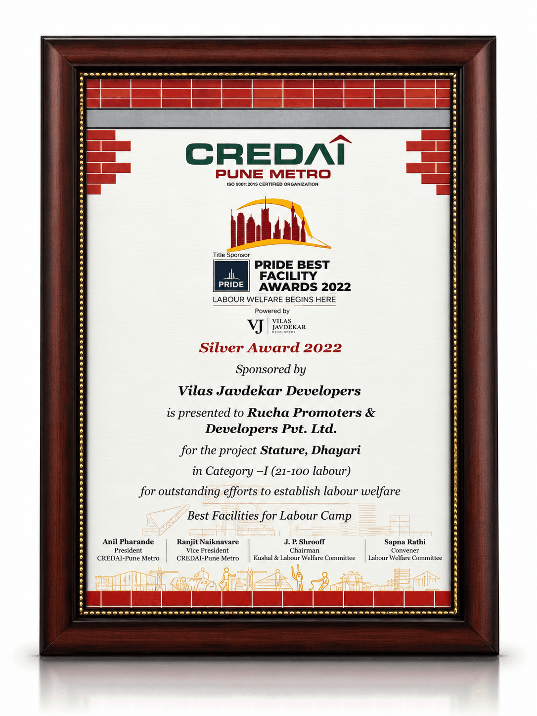 CREDAI Pune Metro Silver Award 2022 — Best Facilities for Labour Camp, Stature Dhayari