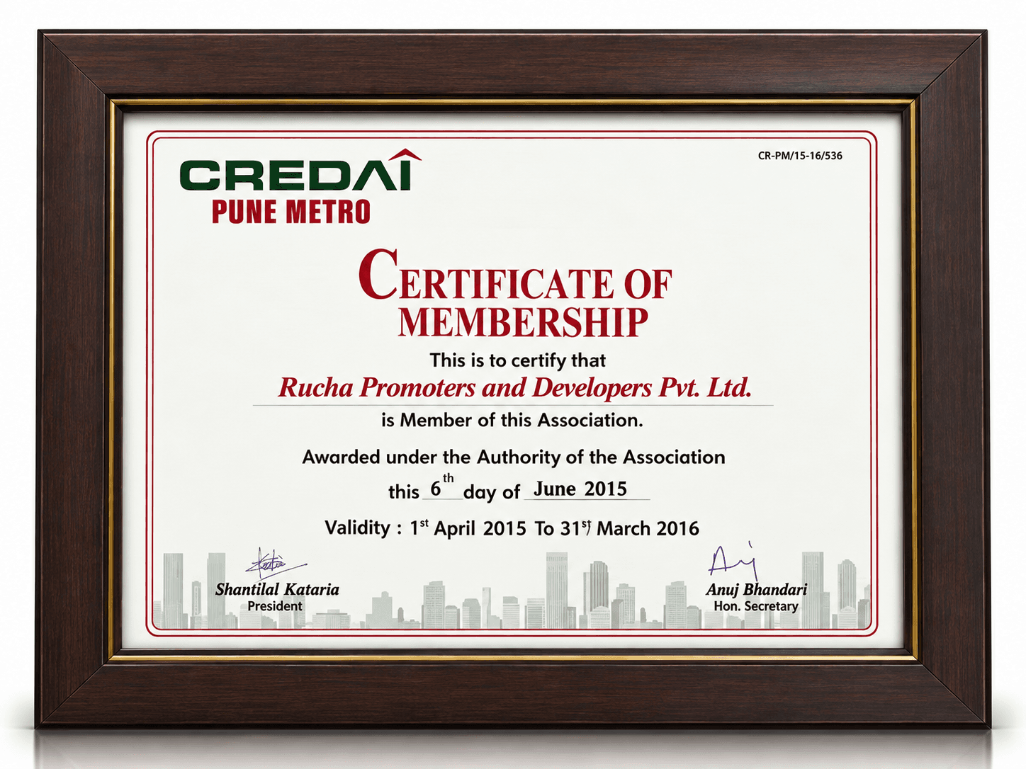 CREDAI Pune Metro Certificate of Membership — Rucha Promoters and Developers Pvt. Ltd., 2015